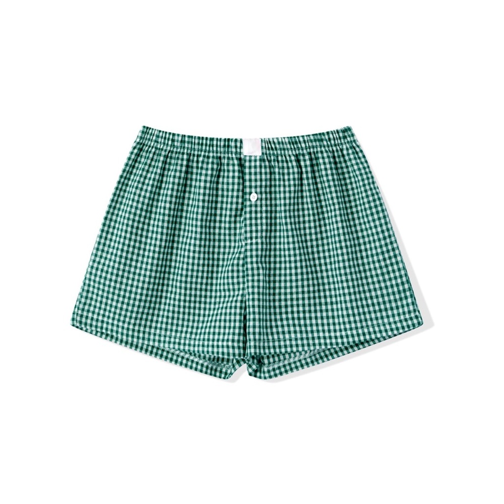 High Waist Green Shorts with Gingham Pattern and Elastic Waistband